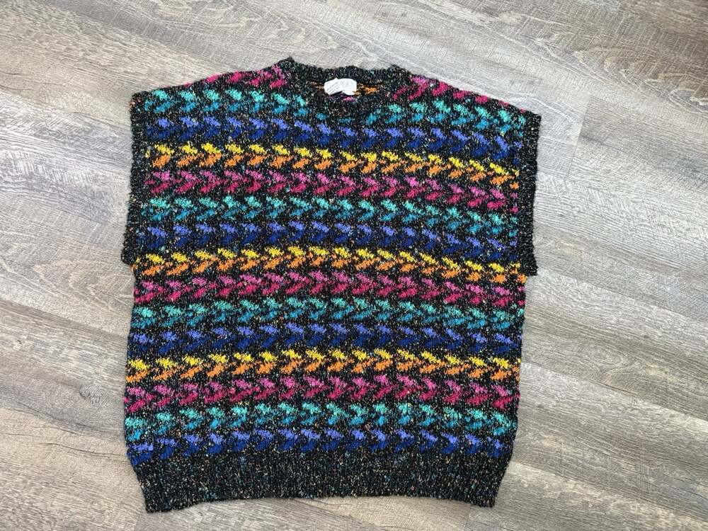 Vtg 80's Messages Rainbow Colorful Knit Multi Color Sleeveless Sweater Vest! XL